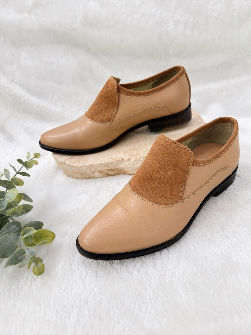 Free People Two-Tone Tan Leather & Suede Slip-On Loafers